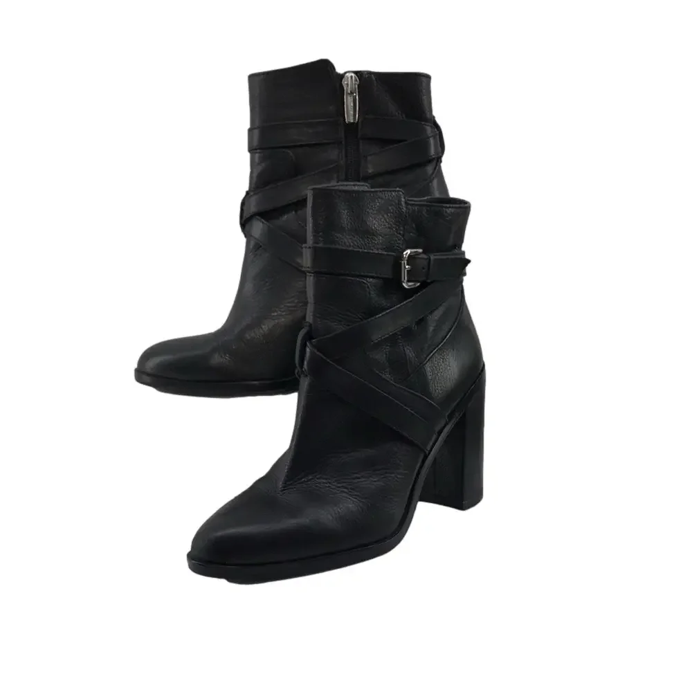 VINCE CAMUTO VC-Gravell Womens Black Ankle Heel Leather Buckle Side-Zip Boots—8M